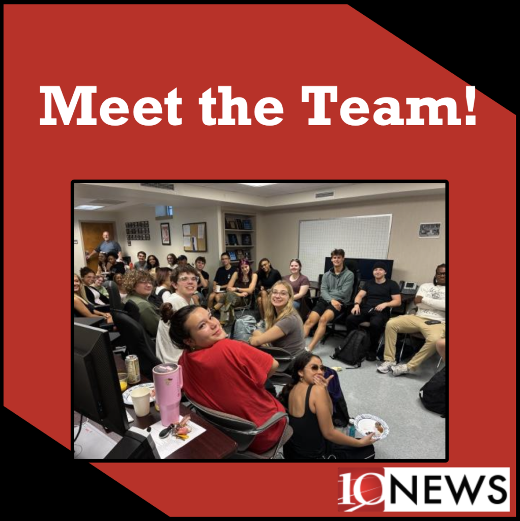 A group photo of the fall 2026 TV-10 News team in a meeting with "Meet the Team!" above.